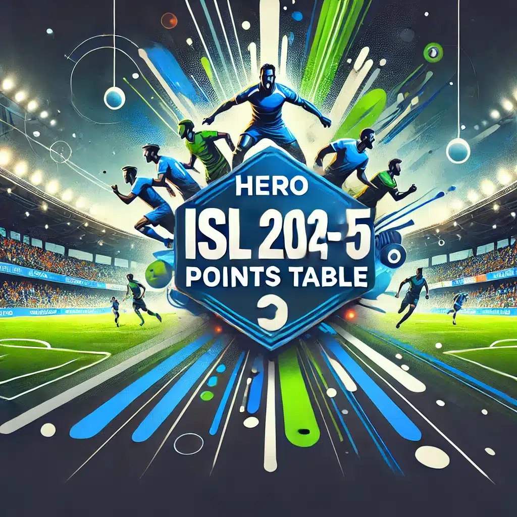 A dynamic and eye-catching sports-themed thumbnail for a Hero ISL 2024-25 points table article. The image should feature a vibrant football stadium in