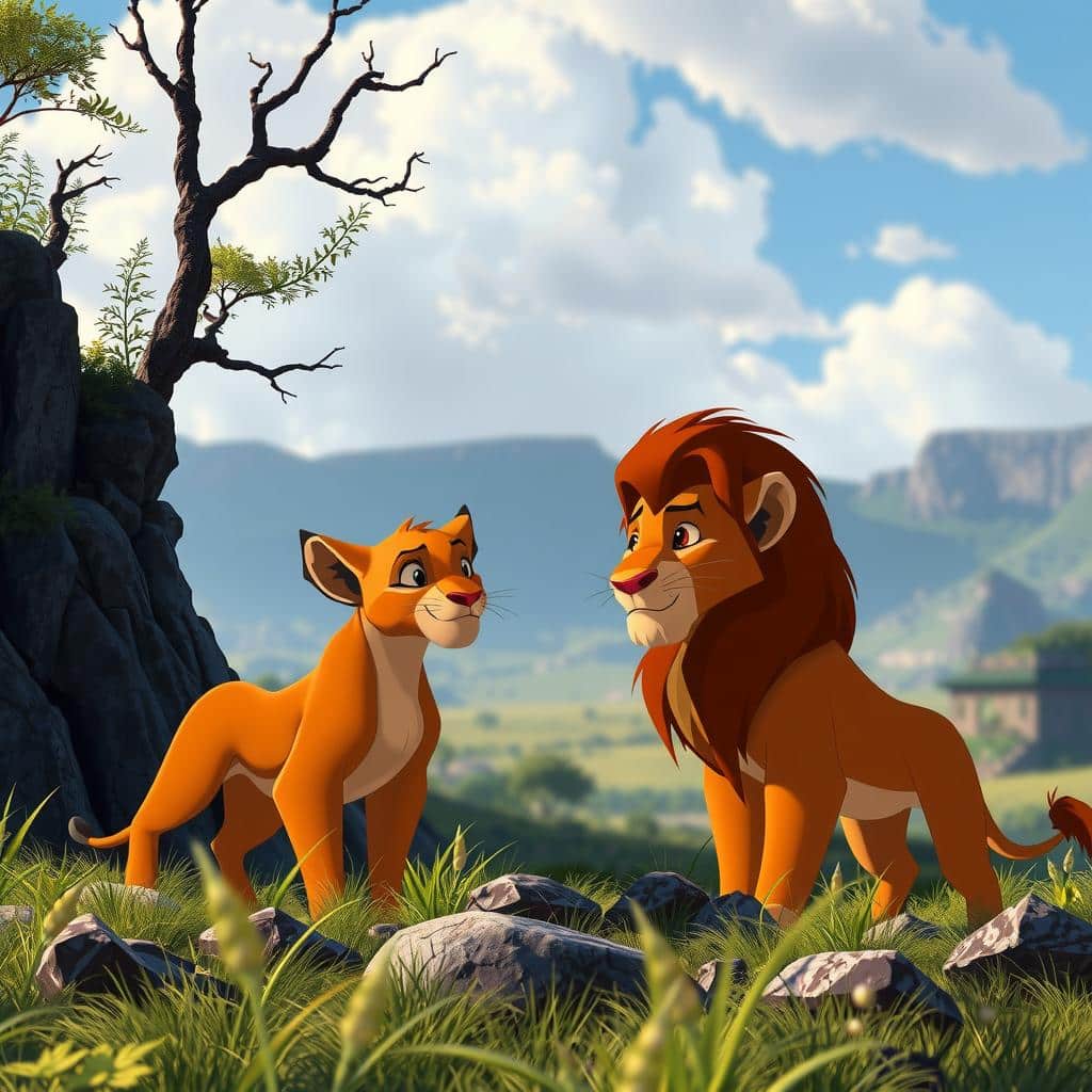 A photorealistic image of Mufasa and Taka in the Pride Lands from the movie ‘Mufasa_ The Lion King’